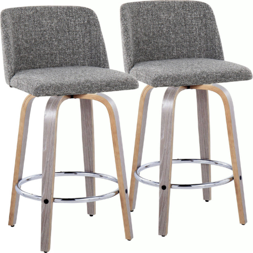 Toriano 26" Swivel Counter Stool in Light Grey Wood & Grey Noise Fabric & Chrome (Set of 2)